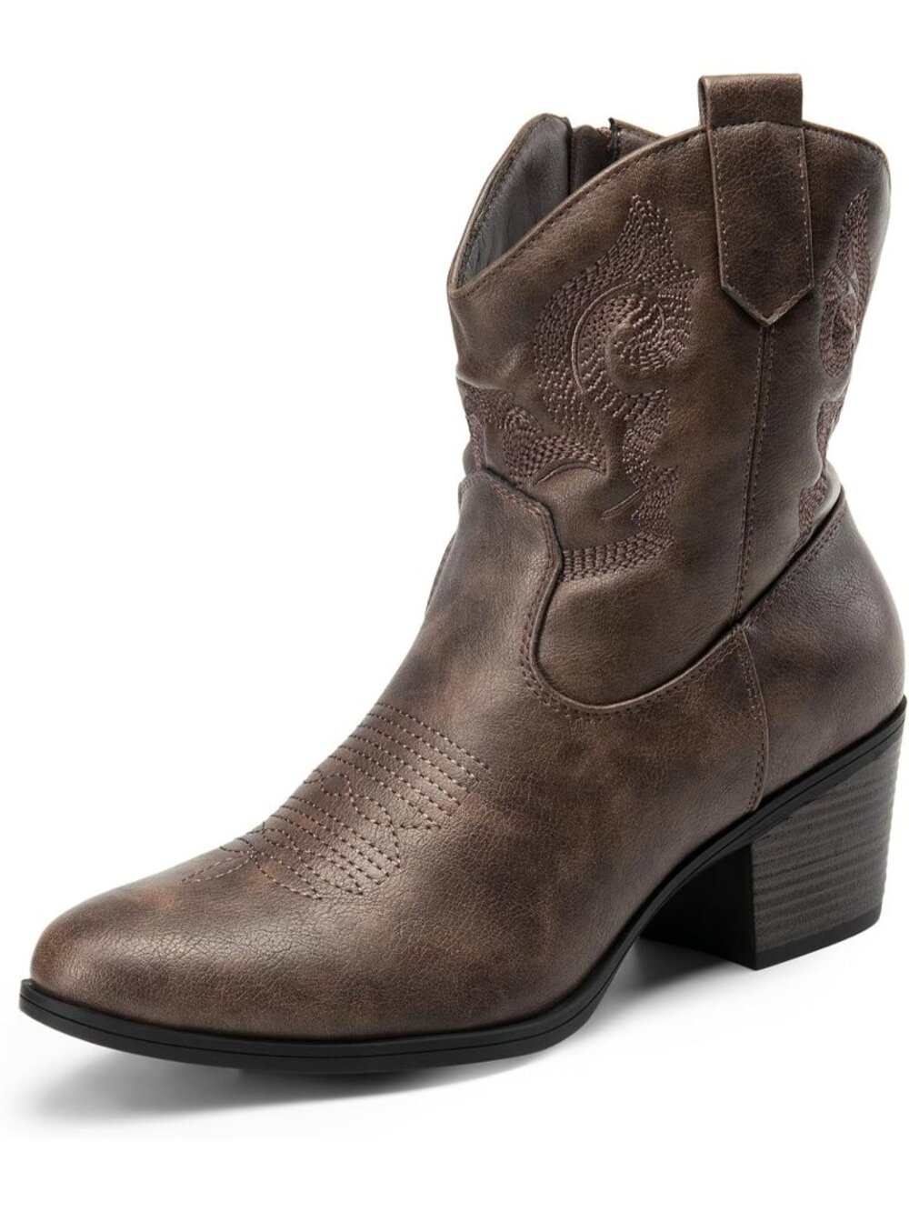 Women's Brown Chunky Heel Western Cowgirl Embroidered Round Toe Ankle Boots